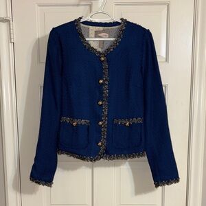 Forever 21 Collarless Blue Tweed Jacket with Black & Gray Trim